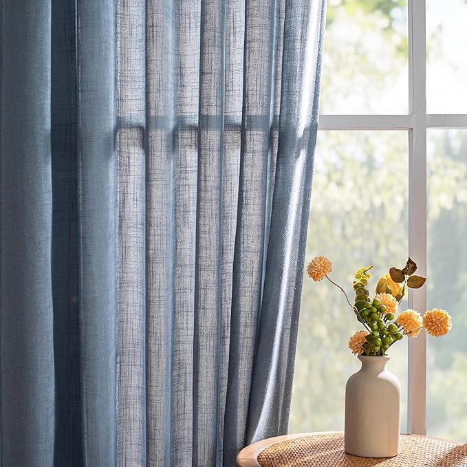 MYSKY HOME 96 Inches Semi Sheer Sliding Door Curtains Farmhouse Light Filtering Window Curtain Drapes for Patio Living Room, Extra Long Blue Linen Curtains Bohemian, 50x96, Dusty Blue, 2 Panels