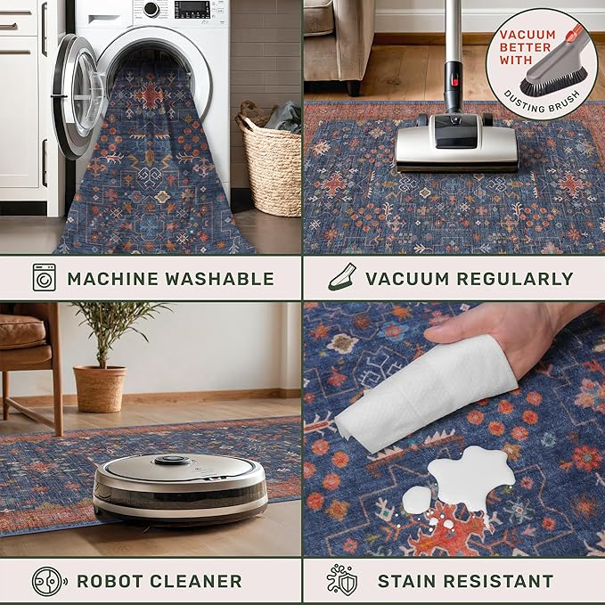Hazo Haus Navy Blue Runner Rug 2x6 for Kitchen, Hallway, Mudroom, Laundry Room, Bathroom, Washable Non Slip Non Skid Rubber Backing Low Pile Stain Resistance