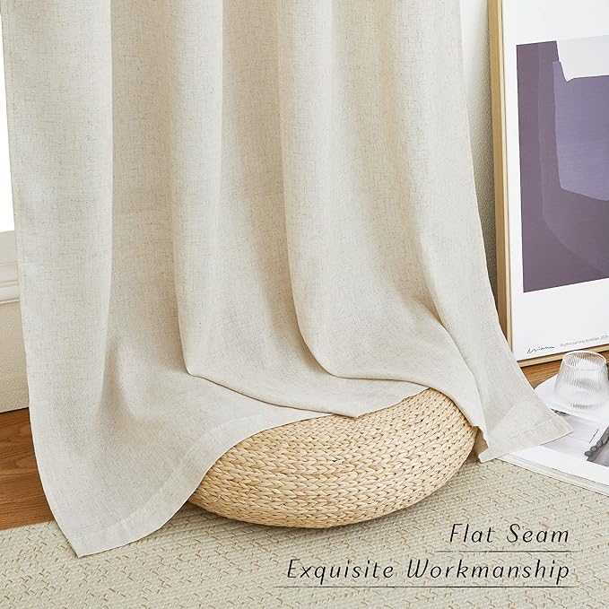 NICETOWN Natural Linen 54 inches Long Curtains for Bedroom, Thick Flax Window Treatments Semi Sheer Privacy Assured with Light Through for Nursery/Bathroom, W42 x L54, 2 Panels