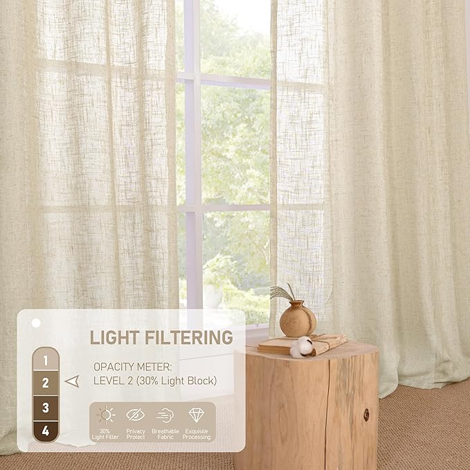 LAMIT Natural Linen Curtains 80 inches Long 2 Panels Set, Bronze Grommet Thick Doorway Curtains Privacy Assured with Light Filtering for Bedroom/Living Room, 34 x 80 Inch, Linen