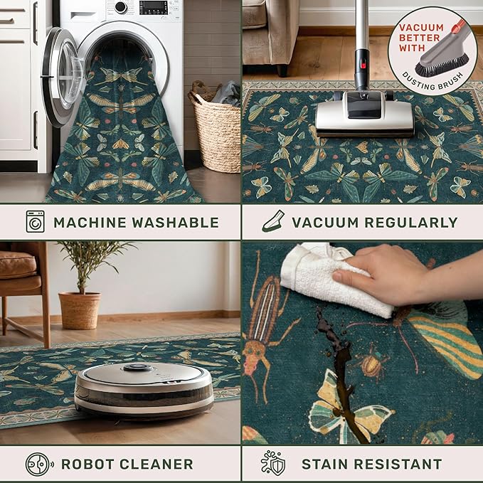 Dark Teal 4x6 Area Rugs for Door Mat Entrance - Vintage Floor Rug for Entryway, Mudroom Kitchen, Floral Forest Insect Print, Washable Low Pile Non-Slip Stain Resistant