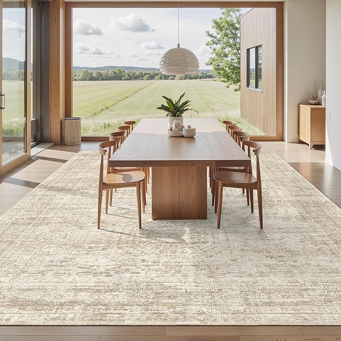 Soalmost 10x14 Area Rugs for Living Room, Non Slip Machine Washable Vintage Rugs, Low Pile Lightweight Large Rug for Bedroom, Dining Room, Home Office Beige