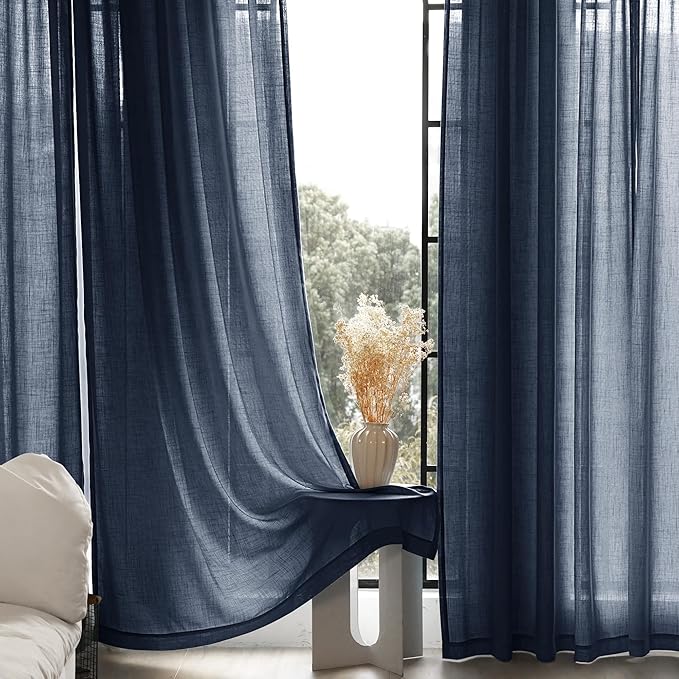 Navy Blue Curtains 94 inch Length for Bedroom Back Tab Light Filtering Semi Sheer Blue Living Room Curtains Linen Cotton Textured Indigo Blue Drapery Panel Modern Farmhouse Aesthetic Decor Dark Blue