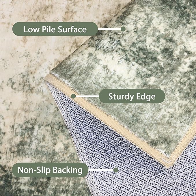 BEIMO Runner Rug for Hallway Kitchen, 2'x7' Machine Washable Runners Rug for Entryway, Soft Modern Abstract Throw Rugs, Low Pile Floor Cover with Non Slip Backing, Grey/Dark Green