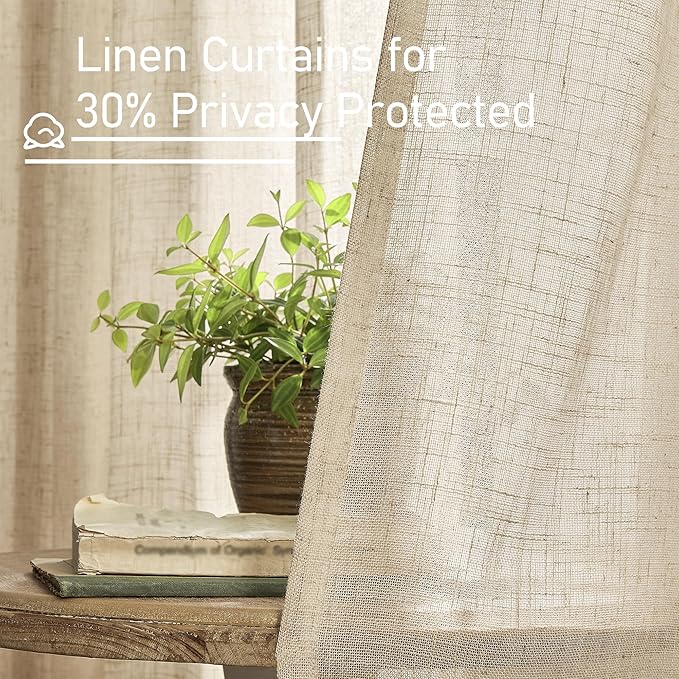 LAMIT 45 Inch Short Window Linen Curtains, Light Filtering Panels Back Tab and Rod Pocket Neutral Drapes for Cafe/Bathroom/Loft Room, Brown, 2 Panels, 34 x 45 Inch