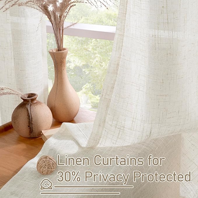 LAMIT Cream 90 Inch Long Linen Sheer Curtains 2 Panels Set for Living Room, Soft Thick Bronze Grommet Window Drapes Light Filtering Panels for Bedroom/Farmhouse, 52 x 90 Inch, Cream Ivory