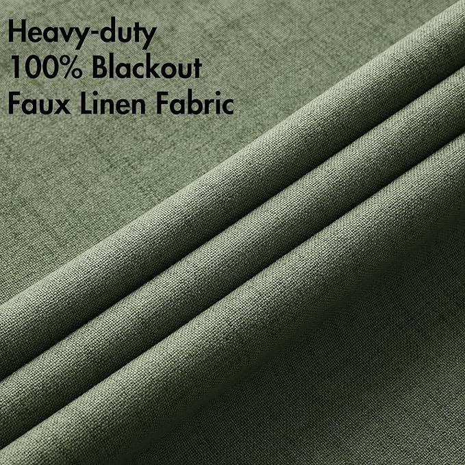 MIULEE 100% Blackout Linen Textured Curtains for Bedroom Solid Thermal Insulated Olive Green Grommet Room Darkening Curtains & Drapes Luxury Decor for Living Room Nursery 52 x 72 Inch (2 Panels)