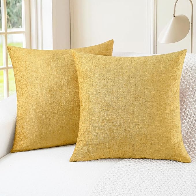 CaliTime Throw Pillow Covers Decorative 20 X 20 Inches Pack of 2 Cozy Chenille Cushion Cases for Couch Sofa Bed Living Room Home Gold