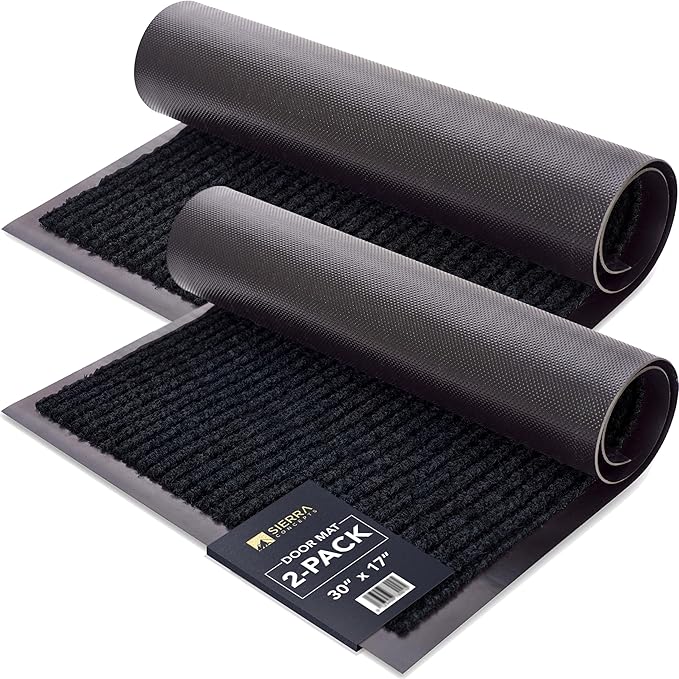 Sierra Concepts 2-Pack Front Door Mat Ribbed Black - Indoor Outdoor Floor Doormat Entryway Welcome Mats - Entrance Shoe Scraper, Entry Inside Outside Garage, 30" x 17"