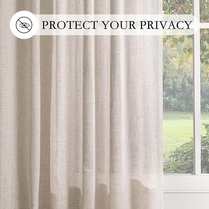 MYSKY HOME Natural Linen Curtains 30 Inches Long for Kitchen Window Semi Sheer Light Filtering Cafe Curtain Tiers Rod Pocket Short Country Decor Drapes for Basement/Small Window, 2 Panels, 34 x 30 in