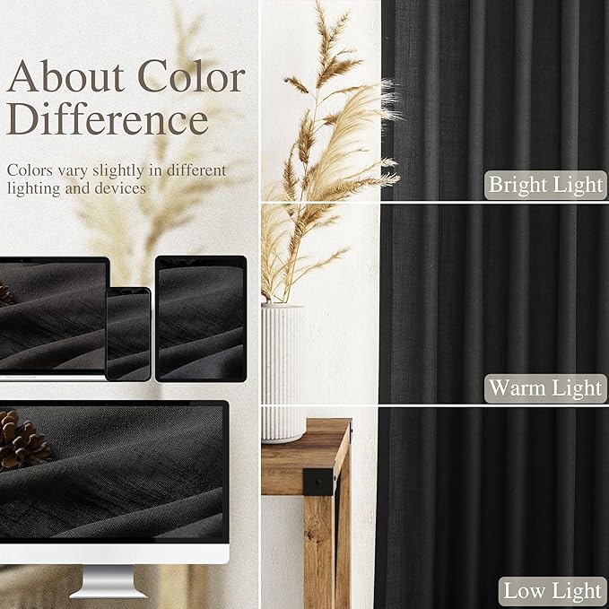 Nanspring Extra Long Black Curtain 102 inches Long 2 Panels Set for Living Room Back Tab Modern Farmhouse Muslin Look Decor Cotton Textured Sheer Linen Curtains 102 inch Length for Large Window