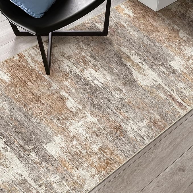 4x5 Washable Entryway Area Rug: Modern Abstract Runner Rugs Indoor Soft Non Slip Door Mat for Living Room Low Pile Thin Floor Carpet for Kitchen Dining Room Bedroom Home Office Decor(4x5,Brown/Brick)