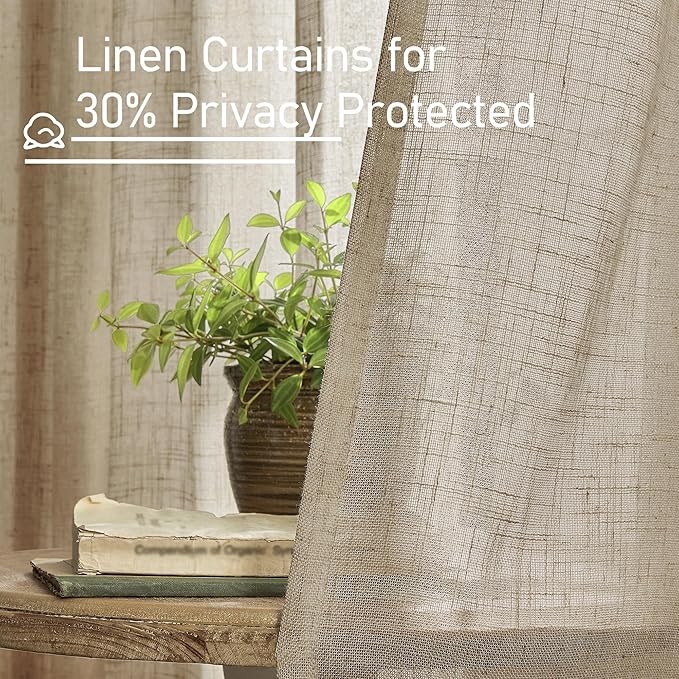 LAMIT Taupe Sheer Linen Curtains, 108 inch Light Filtering Semi Sheer Panels Back Tab and Rod Pocket Farmhouse Rust Drapes for Bedroom/Living Room, 2 Panels, 52 x 108 Inch