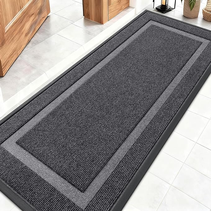 OLANLY Front Door Mat Indoor Outdoor Entrance, Waterproof All-Season, All-Weather Doormat, Sturdy Natural Rubber, Fade Resistant, Low Profile, Easy Clean Patio Porch Entryway Mat, 59x20, Grey