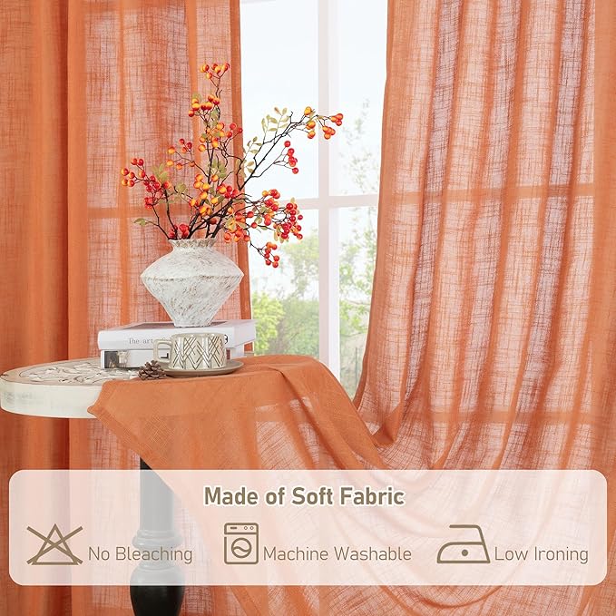 LAMIT Orange Linen Curtains 54 Inch Length, Semi Sheer Light Filtering Panels Bronze Grommet Rust Country Decor Drapes for Bedroom/Living Room, Burnt Orange, 2 Panels, 34 x 54 Inch