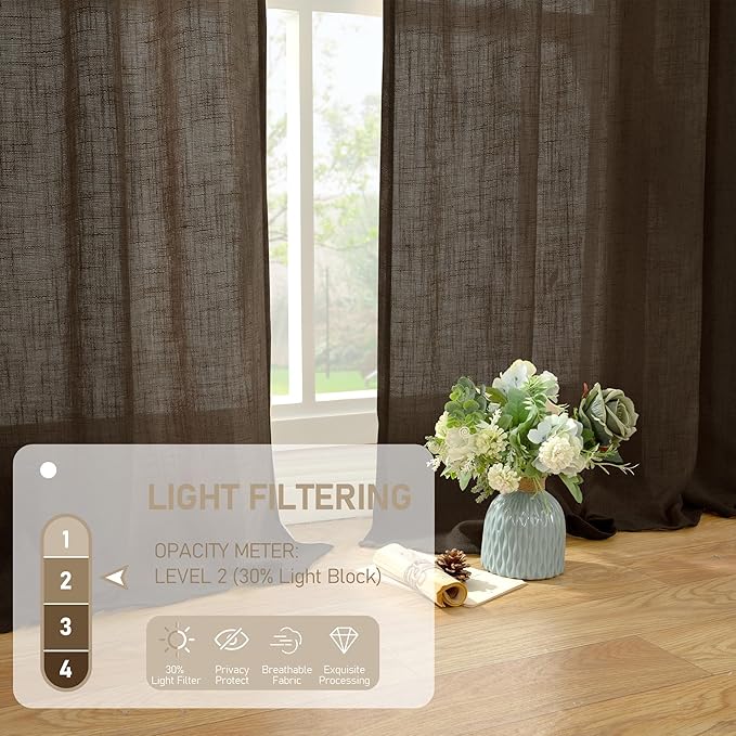 LAMIT Brown Linen Curtains 48 Inch Length for Bedroom Kitchen Window, Light Filtering Semi Sheer Panels Bronze Grommet Burlap Drapes for Small Windows, 2 Panels, Dark Brown, 34 x 48 Inch
