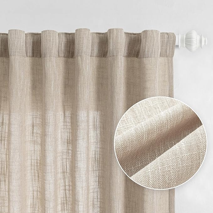 MYSKY HOME Boho Curtains Farmhouse Living Room Curtain Drapes, Light Filtering Semi Soft Cotton Blend Sheer Window Treatments for Sliding Glass Door Doorways, 50" x 90", Light Oatmeal, Set of 2