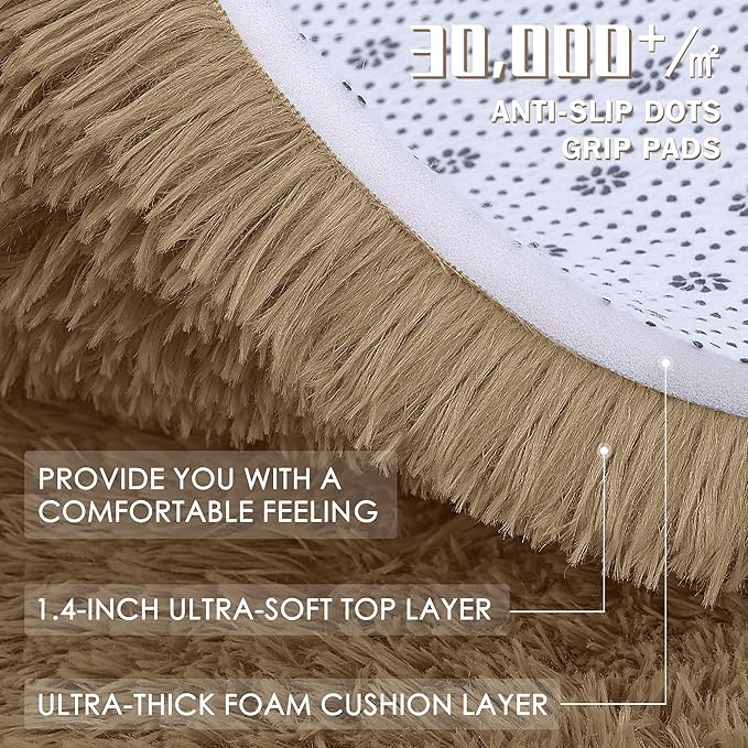 OLANLY Taupe Round Rugs for Bedroom - Machine Washable, 6 ft Circle Area Rugs for Living Room, Soft and Fluffy Shaggy Carpet for Teen Girl and Boys, Nursery Rooms, Dorms, Home Decor Aesthetic