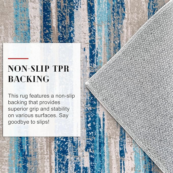 Lansny Modern Abstract Runner Rug 2.6x14, Blue Washable Long Kitchen Runner Non-Slip Soft Hallway Rug Runner Thin Print Faux Wool Carpet for Entryway Bedroom Laundry Room Indoor Home Decor