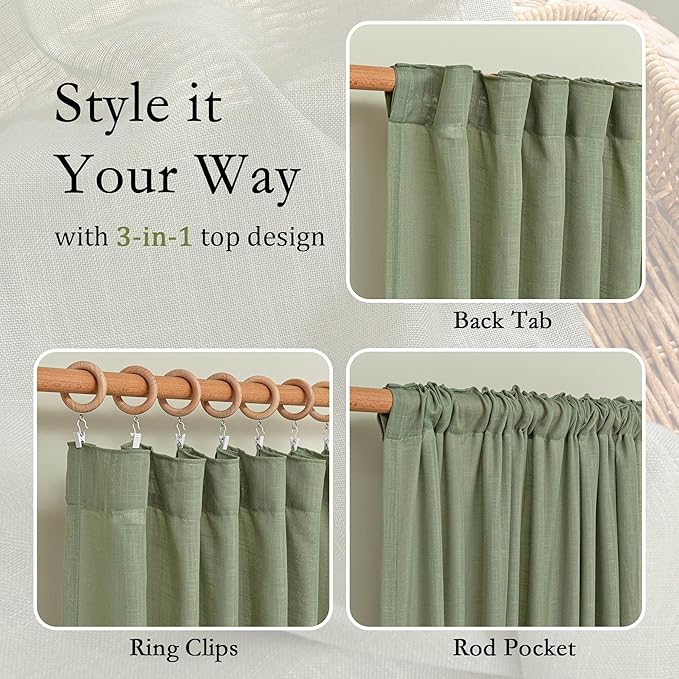 MYSKY HOME French Door Curtains for Closet Doorways, 72 Inches Long Sage Green Semi Sheer Drapes Light Filtering Curtain Panels Elegant Look for Classroom/Guestroom Windows, 50" x 72", 2 PCs