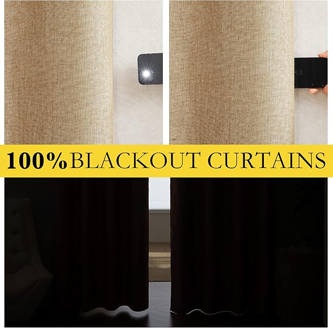 NICETOWN 100% Absolutely Blackout Linen Curtains with Thermal Insulated White Liner, Camel, 52" Wide by 63" Long, 2 Pieces, Linen Blend Window Drapes Privacy Window Treatments for Bedroom/Kids Room