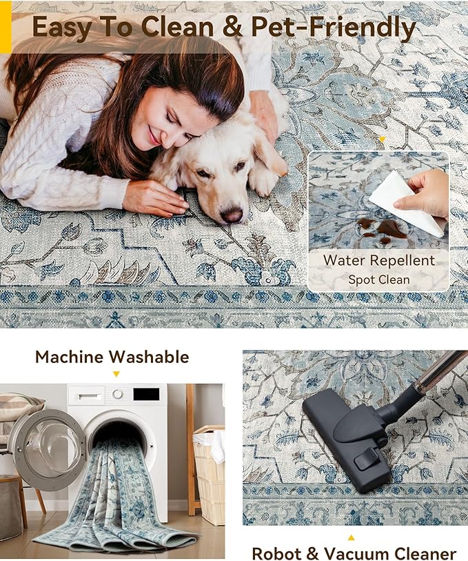 RELEANY Area Rugs 8'x10' Washable Non-Slip, Floral Vintage Distress Print Pattern Medallion Carpet for Living Room Bedroom Dining Room, Light Blue Navy Beige Gray White