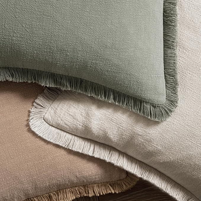 MIULEE Decorative Throw Pillow Covers Neutral Linen Fringe Throw Pillows Euro Shams Set of 2 Natural Beige Boho Farmhouse Cushion Covers for Couch Sofa Bed Living Room Spring Home Decor 24x24 Inch
