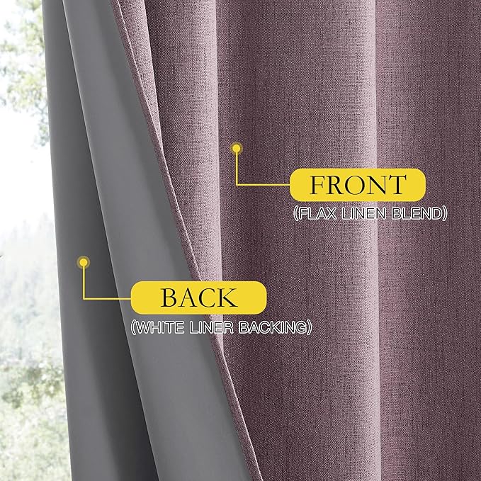 NICETOWN Chaise Mauve Vintage Linen 100% Blackout Curtains for Classroom, Thermal Insulated Curtains 63" Long, Noise Reducing Window Treatment Drapes for Gym Room, 42" Wide Per Panel, Set of 2