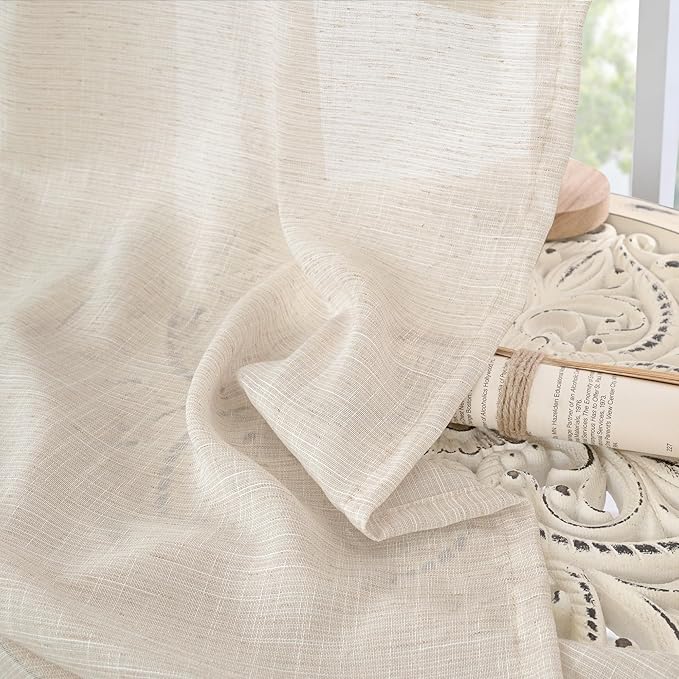 BGment Oatmeal Linen Curtains 40 Inch Length for Short Window - Semi Sheer Drapes Textured Light Filtering with Rod Pocket for Kitchen Bathroom Lightweight, 2 Panels Set, 42 X 40 Inch