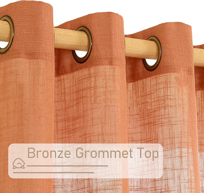 LAMIT Orange Linen Curtains 54 Inch Length, Semi Sheer Light Filtering Panels Bronze Grommet Rust Country Decor Drapes for Bedroom/Living Room, Burnt Orange, 2 Panels, 34 x 54 Inch