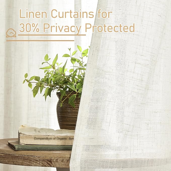 LAMIT 48 Inch Short Window Linen Curtains, Light Filtering Panels Back Tab and Rod Pocket Neutral Drapes for Cafe/Bathroom/Loft Room, Cream Ivory, 2 Panels, 34 x 48 Inch