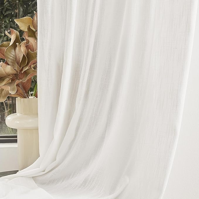 MYSKY HOME Short Curtains for Small Kitchen Windows 45 inches Length, Linen Look Curtain Drapes Cotton Polyester Blend, Soft Fabric Light Filtering Privacy Protect, Beige White, 50 x 45 inches, 2 PCs