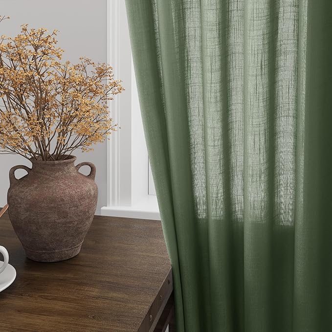 Nanspring Olive Green Linen Sheer Curtains for Living Room 2 Panels Set 106 Inch Length Back Tab Light Filtering & Breathability Semi Sheer Curtain Drapes for Bedroom 52x106