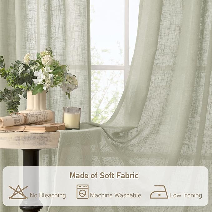 LAMIT Linen Curtains 63 inch Length 2 Panels for Living Room, Light Filtering Panels Bronze Grommet Neutral Textured Drapes for Bedroom/Office, Sage Grey, 34 x 63 Inch