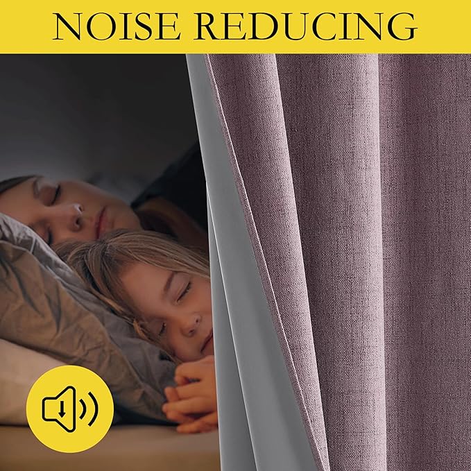 NICETOWN Chaise Mauve Vintage Linen 100% Blackout Curtains for Classroom, Thermal Insulated Curtains 63" Long, Noise Reducing Window Treatment Drapes for Gym Room, 42" Wide Per Panel, Set of 2