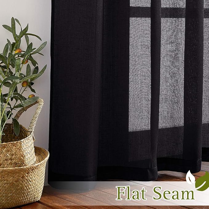 NICETOWN Linen Sheer Black Curtains for Boys Room, Grommet Semi Sheer Privacy with Light Through Linen Blend Window Drapes for Living Room/Sliding Glass Door, W70 x L84, 2 Pieces