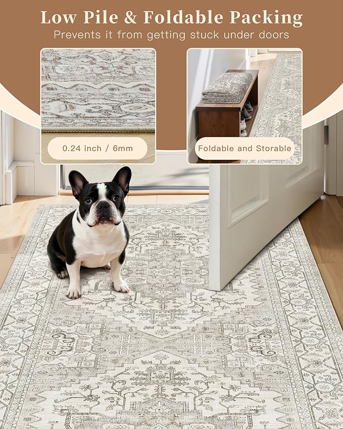 Madane Washable Runner Rug - 2x6 Rug Runners for Hallways 6 Foot Non Slip Vintage Kitchen Runner Rug Ultra-Thin Bathroom Runner Rugs Carpet Laundry Room Bedroom (2x6ft, Beige/Brown)
