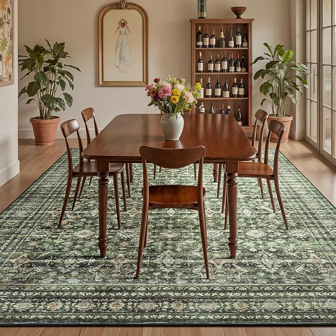 Lofus 9x12 Area Rug for Living Room,Green Washable Large Rugs with Non-Slip Backing,Soft Boho Carpets for Bedroom Dining Room Home Office Indoor Nursery