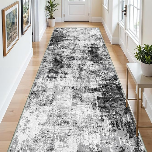 4x12 Runner Rug for Wide Hallway: Long Washable Runners for Entryway Living Room Dining Room - Stain and Water Resistant Rugs with Non-Slip Backing - Soft Low-Pile Carpet Black Grey