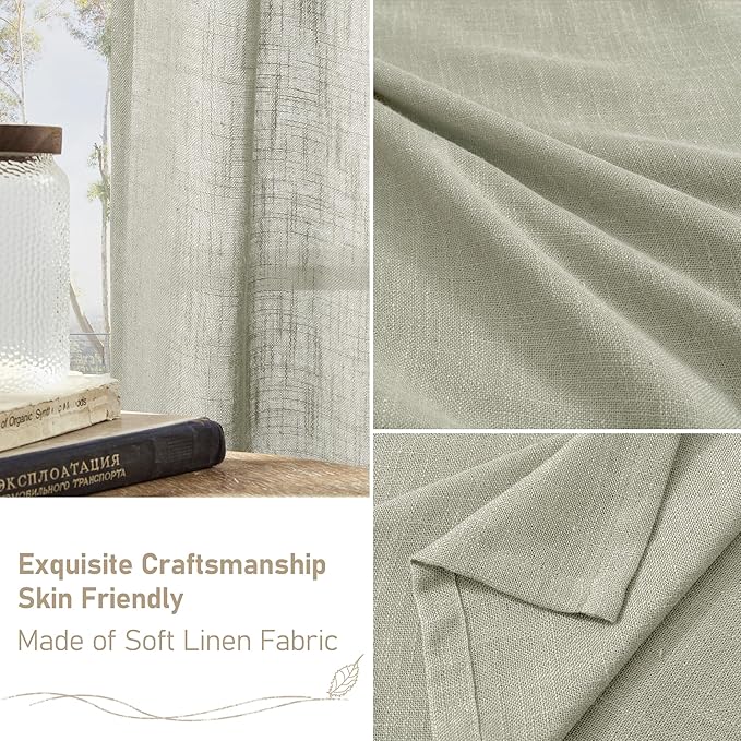 LAMIT Light Filtering Linen Curtains 72 inches Long for Bedroom, Linen Textured Semi Sheer Back Tab and Rod Pocket Boho Drapes for Window/Living Room, Sage Grey, 2 Panels, 34 x 72 Inch