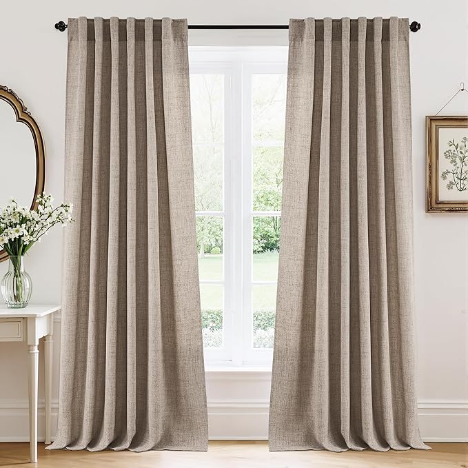 RYB HOME Linen Sheer Curtains and Drapes for Living Room 108 inches Length, Breathable Back Tab/Rod Pocket Semi Sheer Curtains, Oatmeal, W 52 x L 108 inches, 2 Panels Set
