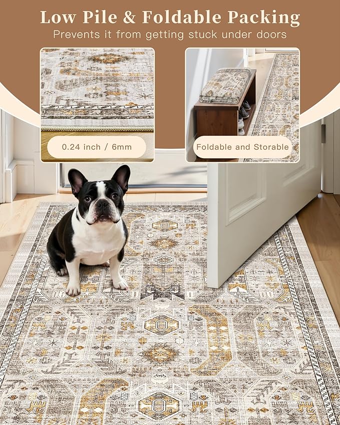 Madane Hallway Runner Rug 3x16 - Vintage Non Slip Washable 16ft Kitchen Runner for Entrance Soft Long Carpet Runners for Living Room Bathroom Low Pile Floor Mat for Bedroom Dining Room, Brown/Gold