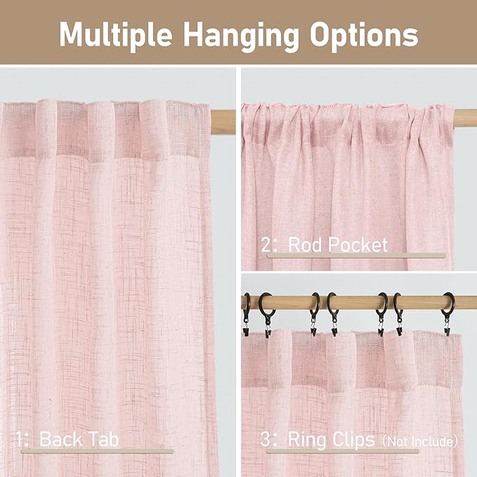 LAMIT 72 inch Pink Linen Curtains for Living Room 2 Panels, Linen Textured Light Filtering Semi Sheer Back Tab and Rod Pocket Farmhouse Curtain Panels for Bedroom/Farmhouse, 52 x 72 Inch