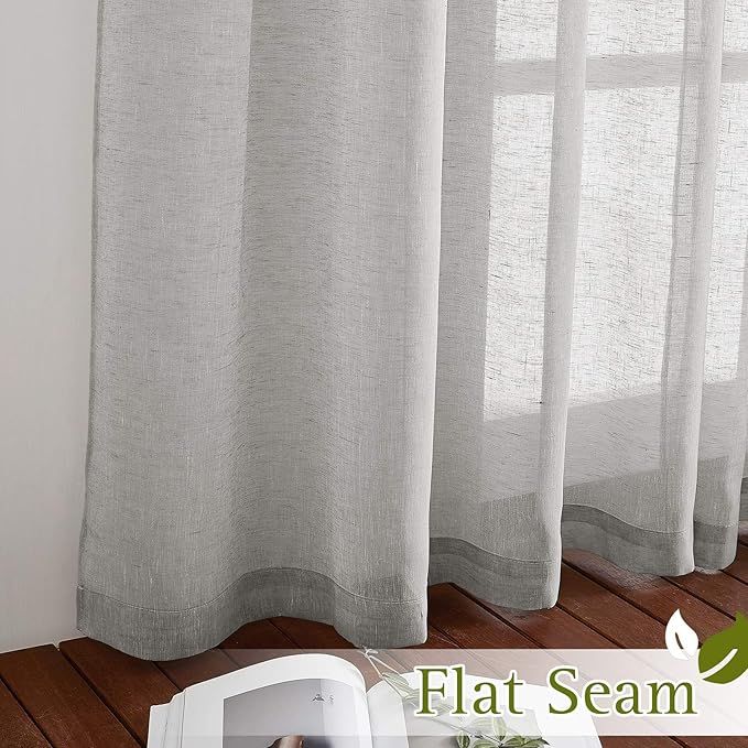 NICETOWN Sheer Linen Bedroom Window Curtains 84 inches Length, Grommet Privacy Semitransparent Light Filtering Flax Sheer Window Treatment for Living Room, Grey, W52 by L84, 1 Pair