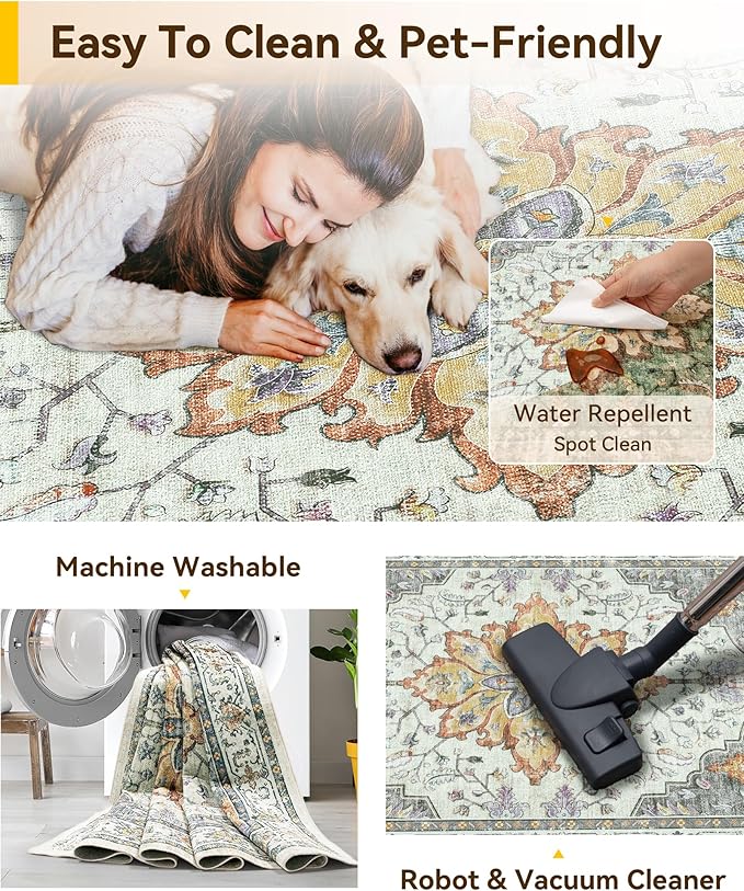 RELEANY Area Rugs 2'x5' Runner Rug Non Slip Washable for Kitchen Hallway Bedroom Beside Laundry Room Bathroom Rug, Floor Carpet, Light Yellow Carbon Grey Orange