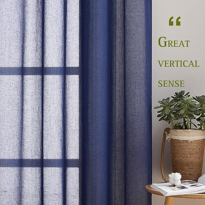 NICETOWN Living Room Curtains 63 inch Length, Grommet Semi Sheer Linen Curtains & Drapes Privacy with Light Filtering for Farmhouse/Bedroom, W36 x L63, Dark Blue, 2 Panels