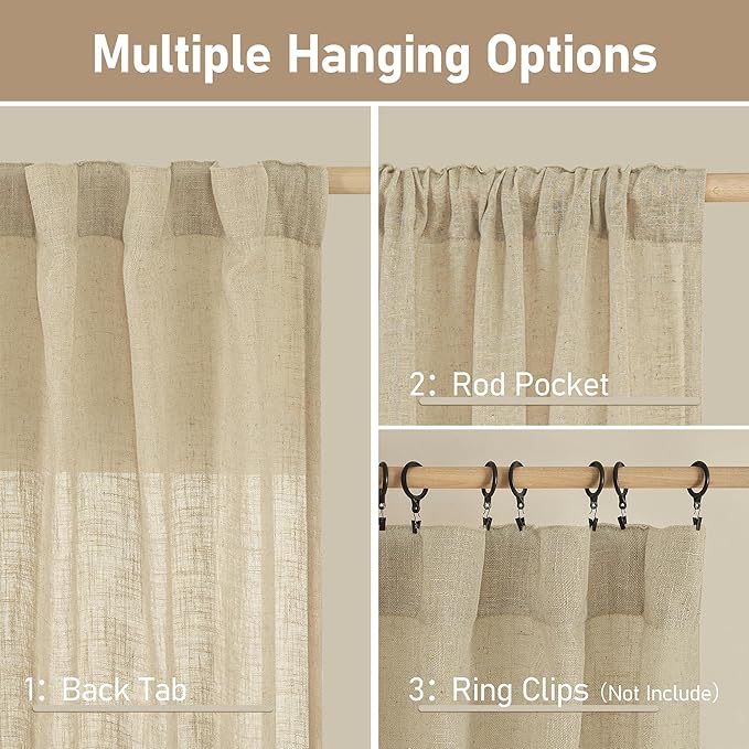 LAMIT Linen Kitchen Curtains 30 Inch Length, Semi Sheer Light Filtering Window Panels Back Tab and Rod Pocket Drapes for Cafe/Small Windows, Linen, 25 x 30 Inch, 2 Panels