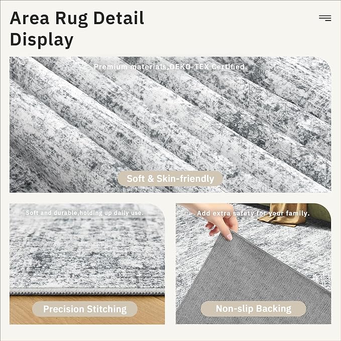 Soalmost 4x12 Wide Hallway Runners: Washable 12ft Runner Rug for Entryway Living Room Soft Vintage Non Slip Carpet Runner for Kitchen Dining Room Nursery Bedroom (Grey, 4x12ft)