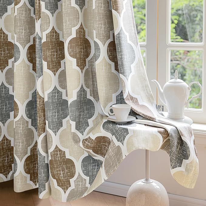 Beauoop 100% Blackout Curtains 72 Inches Long 2 Panels for Bedroom Living Room Brown Grey Moroccan Geo Room Darkening Thermal Insulated Soundproof Grommet Top Window Treatments Drapes, 50x72 Set of 2