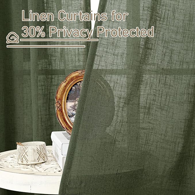 LAMIT Olive Green Linen Kitchen Curtains 30 Inch Length, Semi Sheer Light Filtering Window Panels Back Tab and Rod Pocket Drapes for Basement/Small Windows, 25 x 30 Inch, 2 Panels